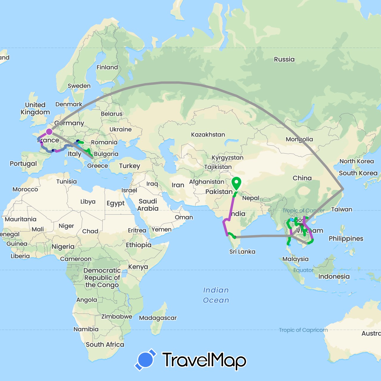 TravelMap itinerary: driving, bus, plane, cycling, train, boat, motorbike, canoë in Albania, Bosnia and Herzegovina, China, France, Croatia, India, Italy, Laos, Montenegro, Slovenia, Thailand, Vietnam (Asia, Europe)